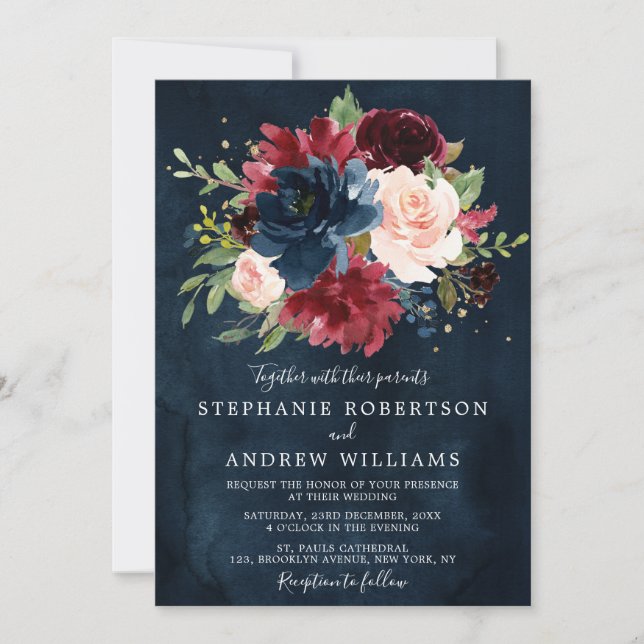 Blush Navy Botanische Blumenhochzeit in Burgund Einladung (Vorderseite)