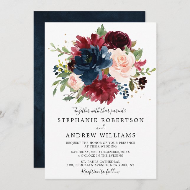 Blush Navy Botanische Blumenhochzeit in Burgund Einladung (Vorne/Hinten)