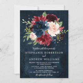 Blush Navy Botanische Blumenhochzeit in Burgund Einladung
