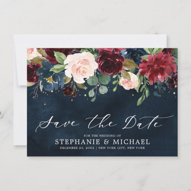Blush Navy Botanische Blumenhochzeit in Burgund Save The Date (Vorderseite)