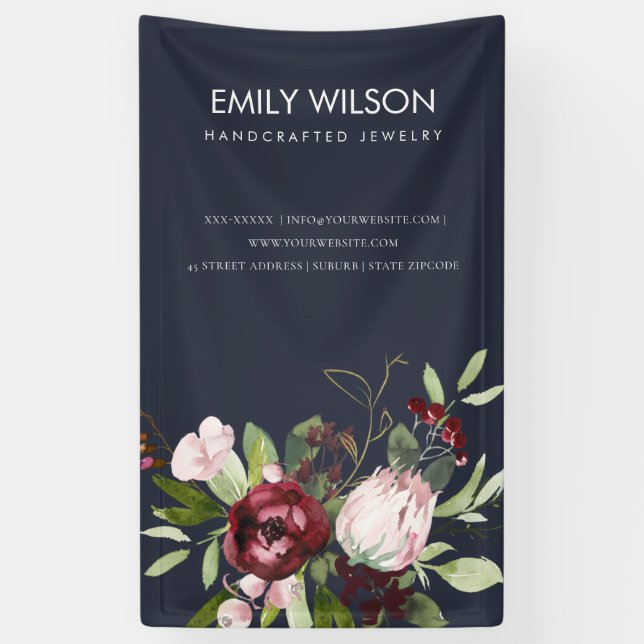 BLUSH NAVY BURGUNDY PROTEA FLORAL BUSINY BANNER (Vertikal)