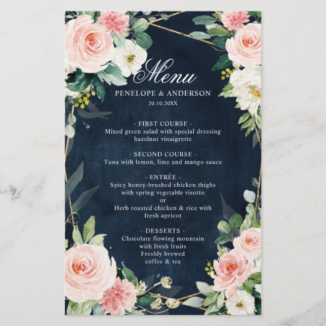 Blush Navy Dusty Blue Botanical Wedding Menu (Vorderseite)