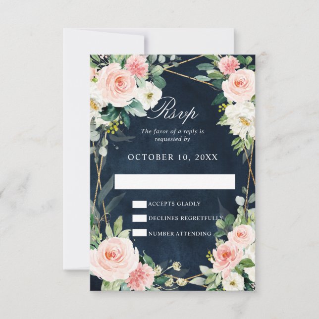 Blush Navy Dusty Blue Floral Geometric Botanical RSVP Karte (Vorderseite)