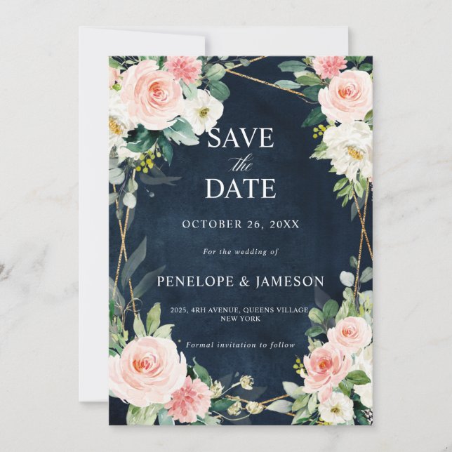 Blush Navy Dusty Blue Floral Geometric Botanical Save The Date (Vorderseite)