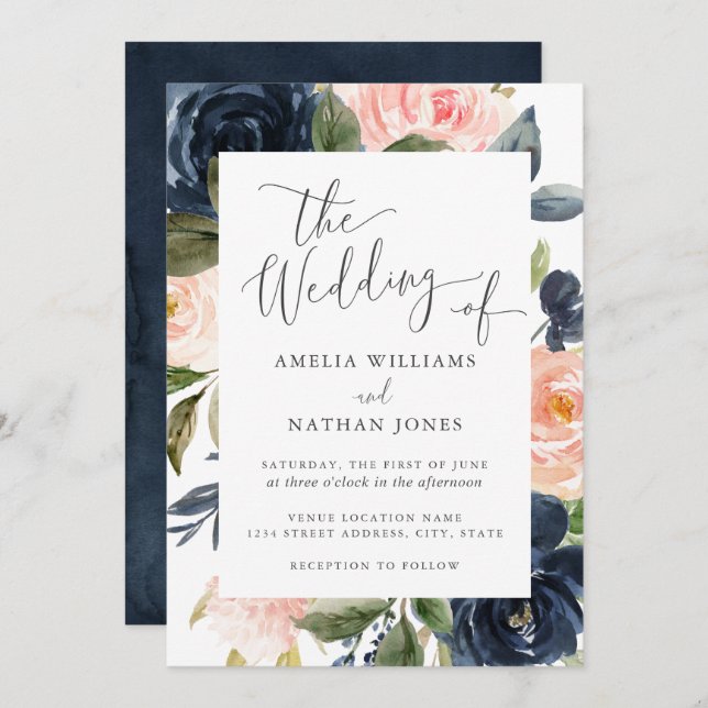 Blush Navy Floral Frame Wedding Einladung (Vorne/Hinten)