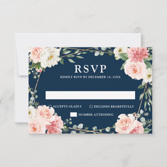 Blush Navy Floral Geometric Botanical Wedding RSVP (Vorderseite)