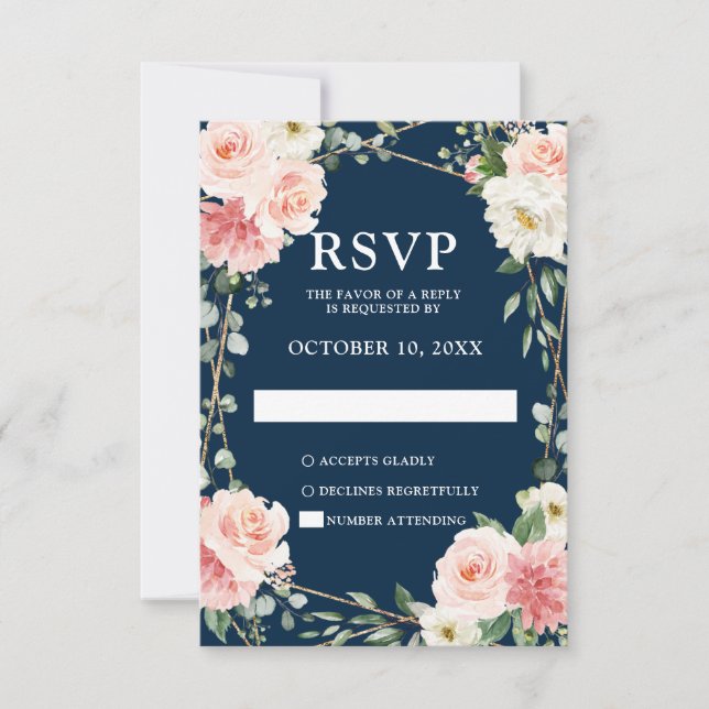 Blush Navy Floral Geometric Botanical Wedding RSVP Karte (Vorderseite)
