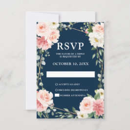 Blush Navy Floral Geometric Botanical Wedding RSVP Karte