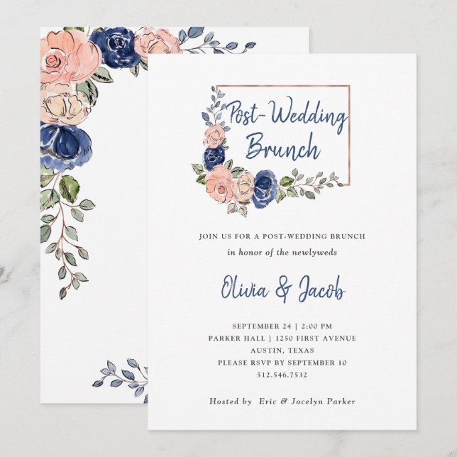 Blush Navy Floral Geometric | Post Wedding Brunch Einladung (Vorne/Hinten)