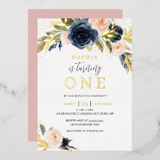 Blush Navy Floral Girl 1. Geburtstag Gold Folieneinladung