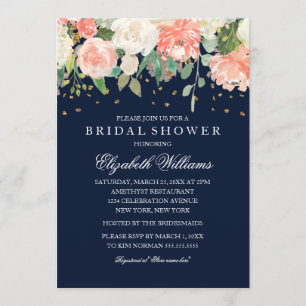 Blush Navy Floral Glitzer Sparkling Brautparty Einladung