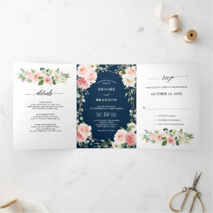 Blush Navy Floral Gold Geometric Botanical Wedding Dreifach Gefaltete Ankündigung