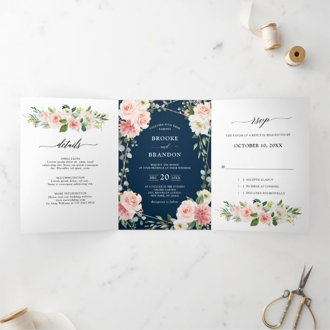 Blush Navy Floral Gold Geometric Botanical Wedding Dreifach Gefaltete Ankündigung (Innenseite)
