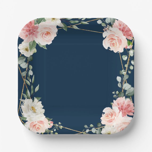 Blush Navy Floral Gold Geometric Botanical Wedding Pappteller (Vorderseite)