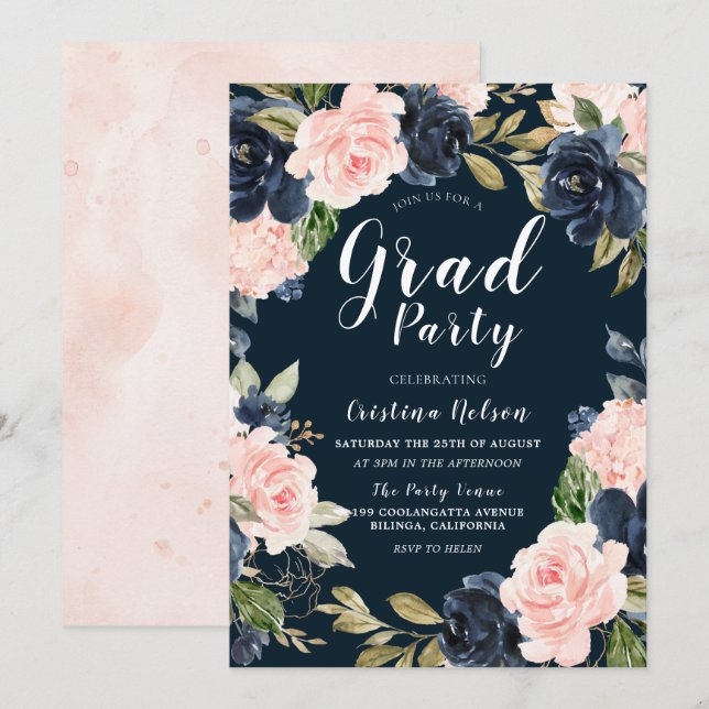 Blush Navy Floral Wreath Grad Party Abschluss Einladung (Vorne/Hinten)