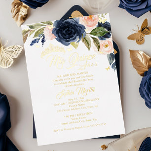 Blush Navy Gold Butterfly Quince Quinceanera Folieneinladung