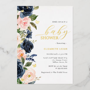 Blush Navy Gold Florales Schmetterlings-Baby-Showe Folieneinladung