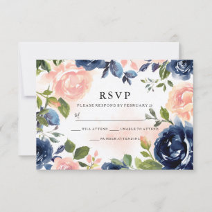 Blush Navy Hand Painted Watercolor Floral Wedding RSVP Karte