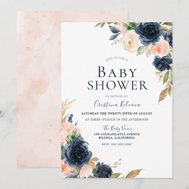 Blush & Navy Peach Blume Babydusche Einladung (Vorne/Hinten)