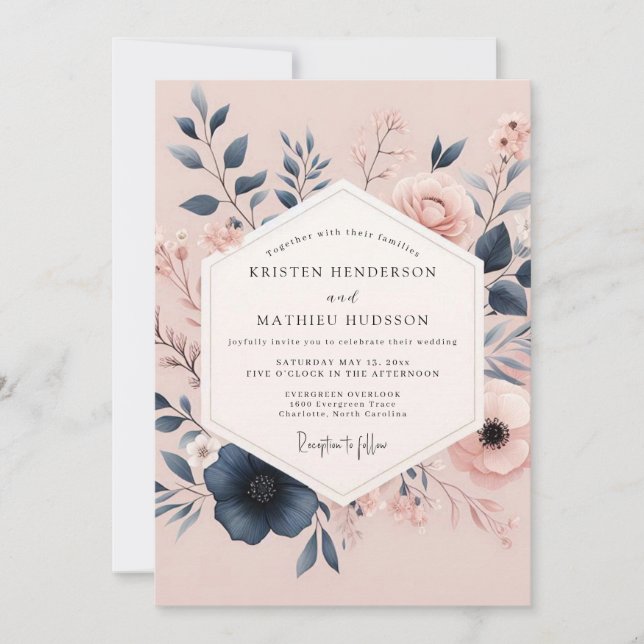 Blush & Navy Poetic Bloom Hochzeit Einladung (Vorderseite)