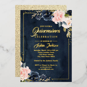 Blush Navy REAL GOLD FOLIE Floral Quinceanera Folieneinladung