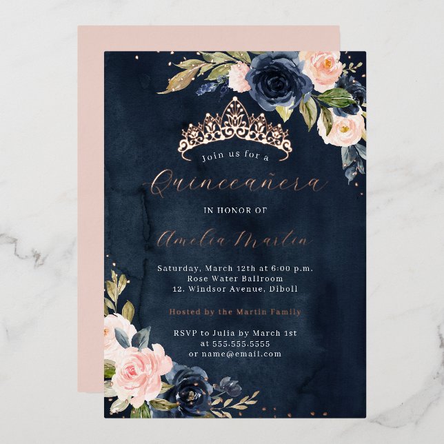 Blush Navy Rose Gold Quinceanera Folieneinladung (Vorderseite/Rückseite)