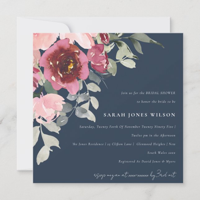 BLUSH NAVY ROTE ROSE FLORAL BRAUTPARTY INVITE DANKESKARTE (Vorderseite)