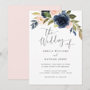 Blush Navy Wasserfarbe Blume Wreath Wedding Einladung