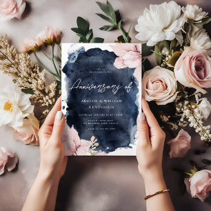 Blush Navy Wasserfarbe Ganzjährig Hochzeitstag Einladung