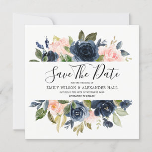 Blush & Navy Wasserfarben Blumen Hochzeit Save The Date