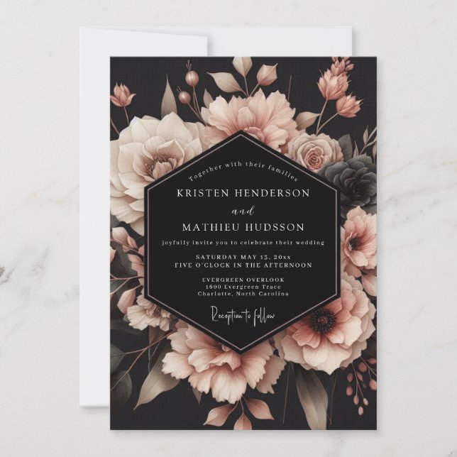 Blush Noir Bloom Wedding Einladung (Vorderseite)