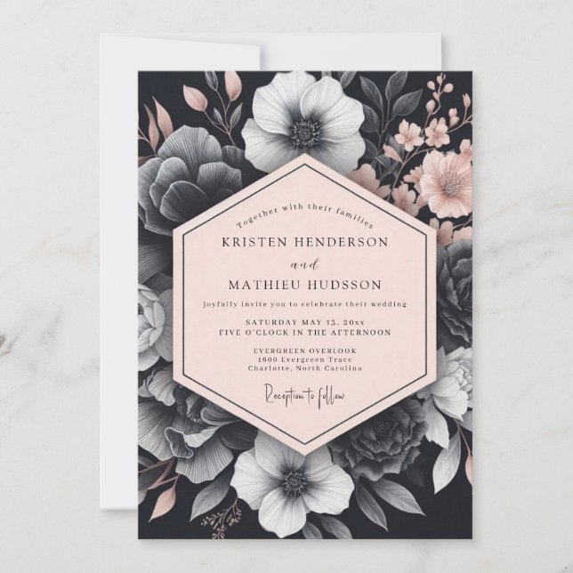Blush Noir Chiaroscuro Flora Wedding Einladung (Vorderseite)