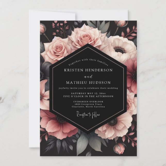 Blush Noir Petal Hochzeit Einladung (Vorderseite)