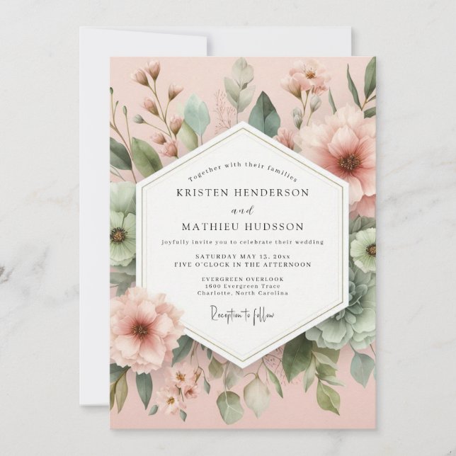 Blush Painterly Botanical Wedding Einladung (Vorderseite)