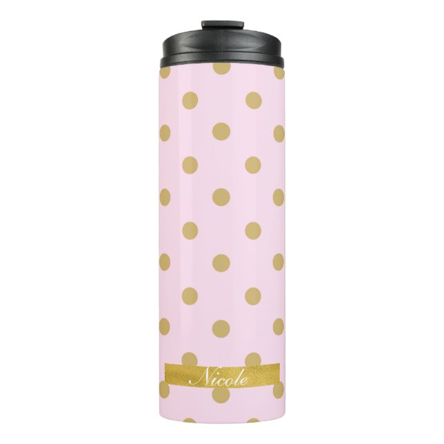 Blush Pale Light Pink & Gold Polka Dots Muster Thermosbecher (Vorderseite)
