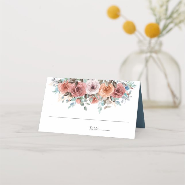 Blush Peach and Slate Blue Ethereal Hochzeit Platzkarte (Vorderseite)