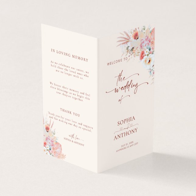 Blush Peach Boho Floral Wedding Program Card (Vorderseite)