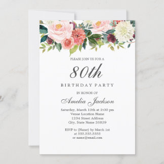 Blush Peach Botanical Floral 80. Geburtstag Einladung