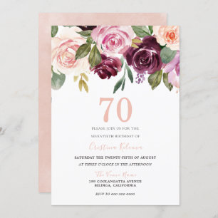 Blush Peach & Burgund Blume 70. Geburtstagsparty Einladung