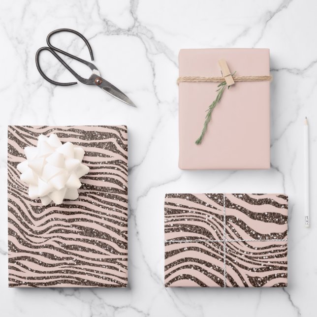 Blush Peach Chocolate Braun Zebra Glitzer Geschenkpapier Set (Vorderseite)