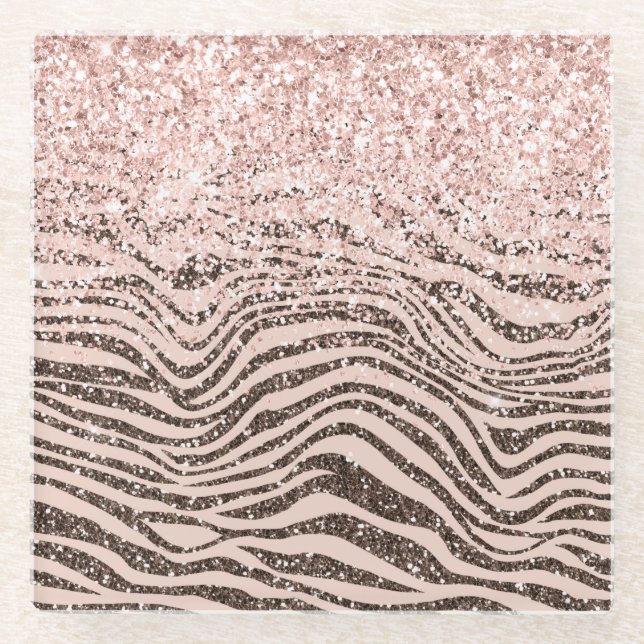 Blush Peach Chocolate Brown Zebra Print Glitzer    Glasuntersetzer (Vorderseite)