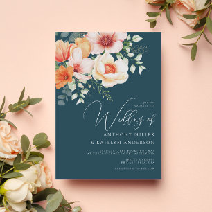 Blush Peach Coral Aquamarin Blue Floral Hochzeit Einladung