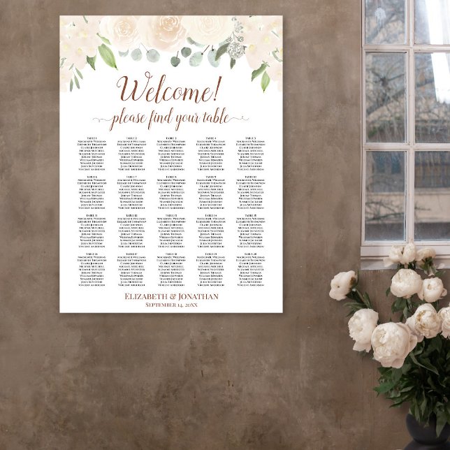 Blush Peach floral 20 Table Wedding Seating Chart Poster (In Situ on Wall )