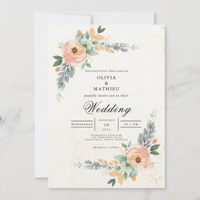 Blush Peach Floral Arch Wedding Einladung (Vorderseite)