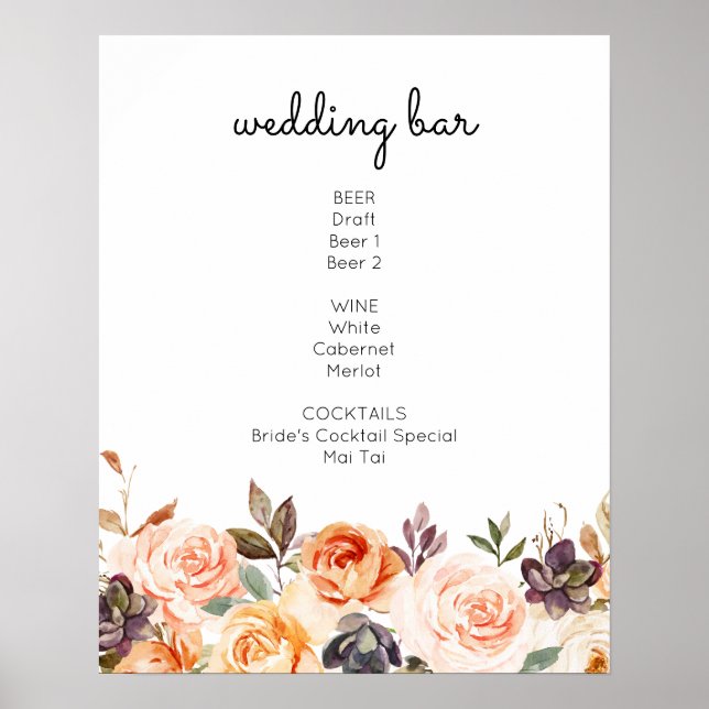 Blush & Peach Floral Bar Drinks Unterschreiben Poster (Vorne)