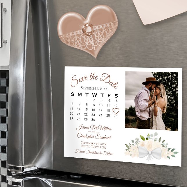 Blush Peach Floral Calendar & Foto Save the Date Magneteinladung (Magnetic for Easy Display!)