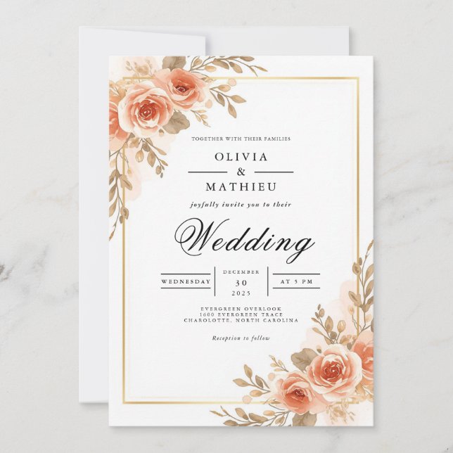 Blush Peach Floral Frame Wedding Einladung (Vorderseite)