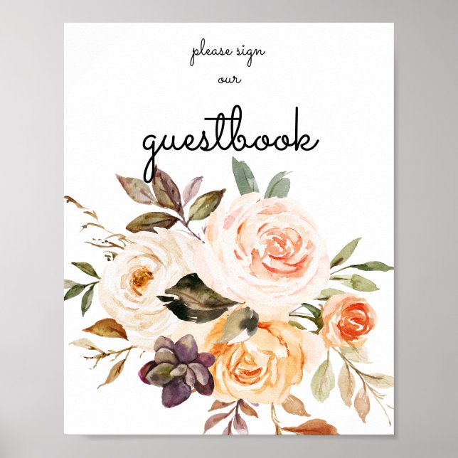 Blush & Peach Floral Gästebuch Zeichenposter (Vorne)