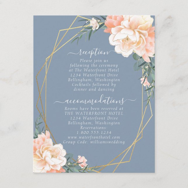 Blush Peach Floral Gold Dusty Blue Wedding Details Begleitkarte (Vorderseite)