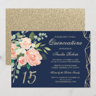 Blush Peach Floral Gold Glitzer Navy Quinceanera Einladung